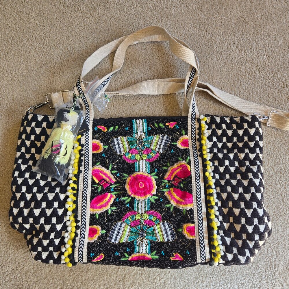 NWT America & Beyond Embellished Beaded Embroidered Tote--Midnight Butterflies